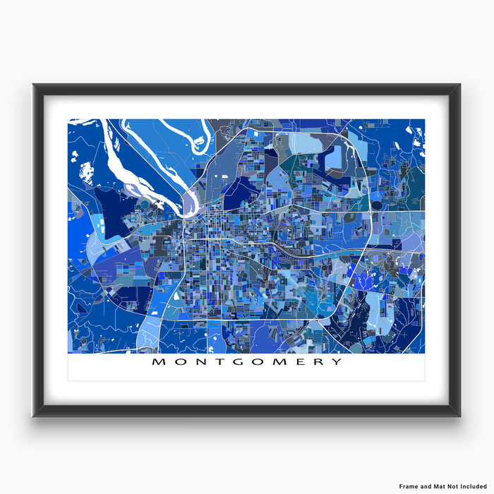 Montgomery, Alabama map art print in blue shapes designed by Maps As Art.