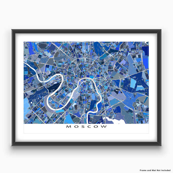Moscow, Russia map art print in blue shapes designed by Maps As Art.