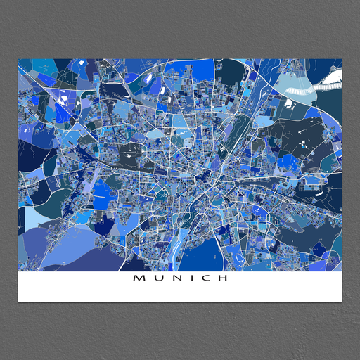 Munich, Germany map art print in blue shapes designed by Maps As Art.