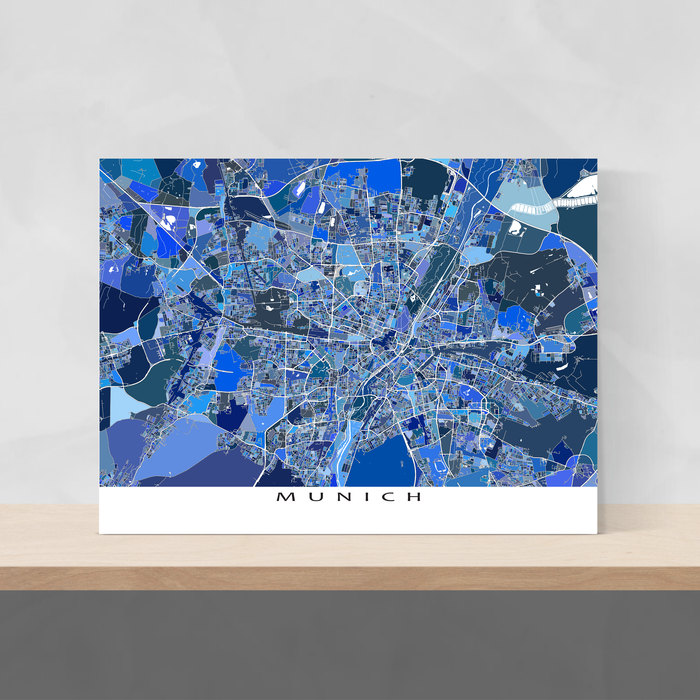 Munich, Germany map art print in blue shapes designed by Maps As Art.