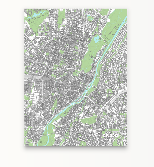 Munich, Germany map art print with city streets and buildings designed by Maps As Art.