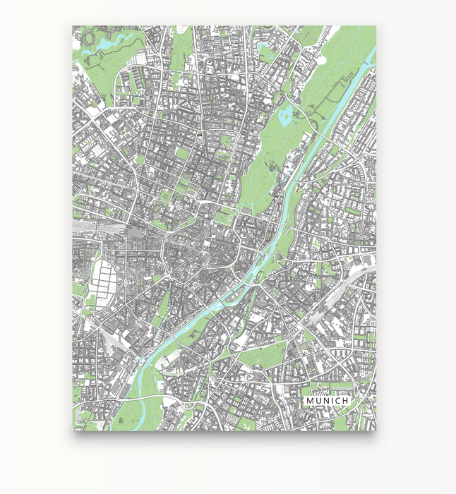 Munich, Germany map art print with city streets and buildings designed by Maps As Art.