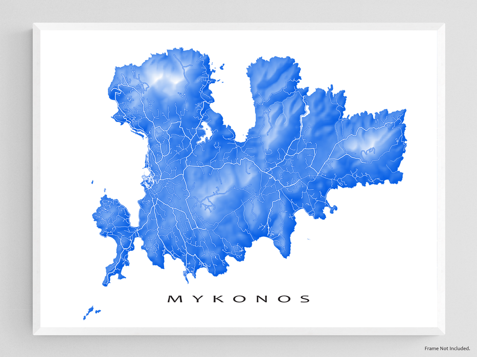 Mykonos, Greece map print with natural landscape and main island streets designed by Maps As Art.