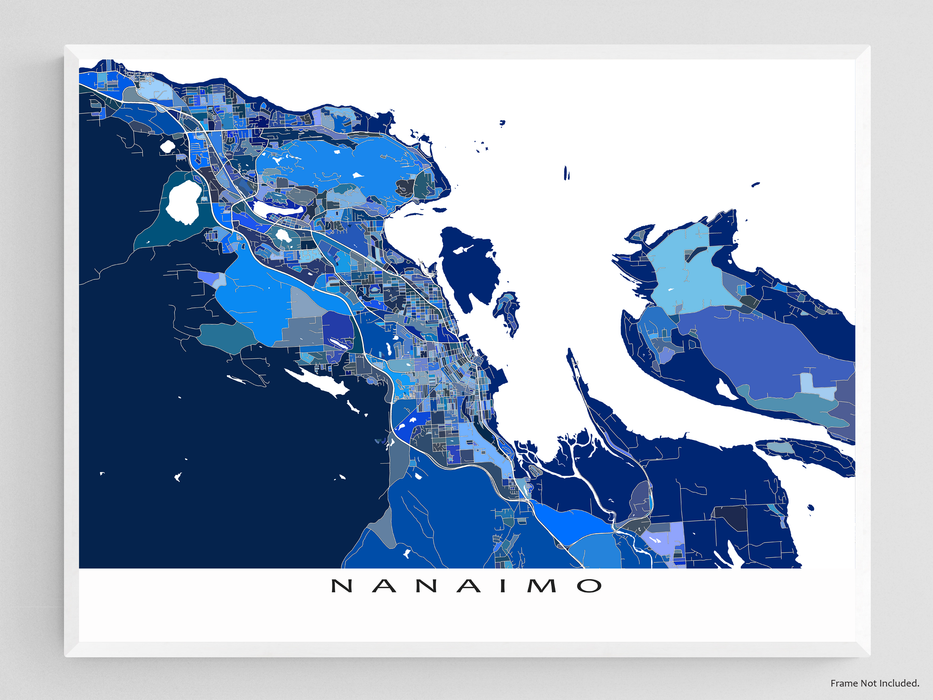 Nanaimo BC Canada map print in blue shapes by Maps As Art.