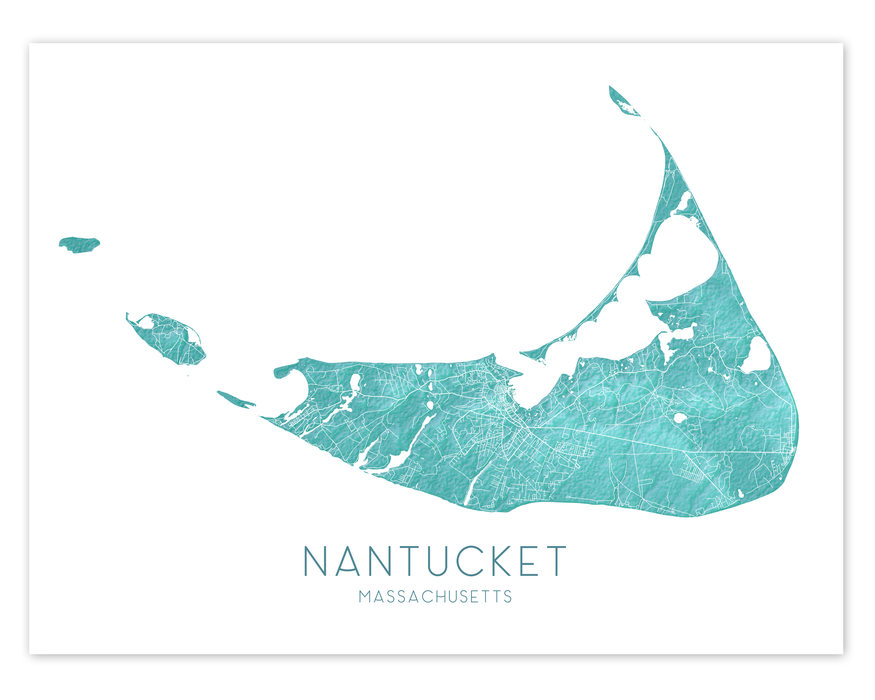 Nantucket Map Wall Art Print Poster, Turquoise New England Massachusetts Island Street Road Maps