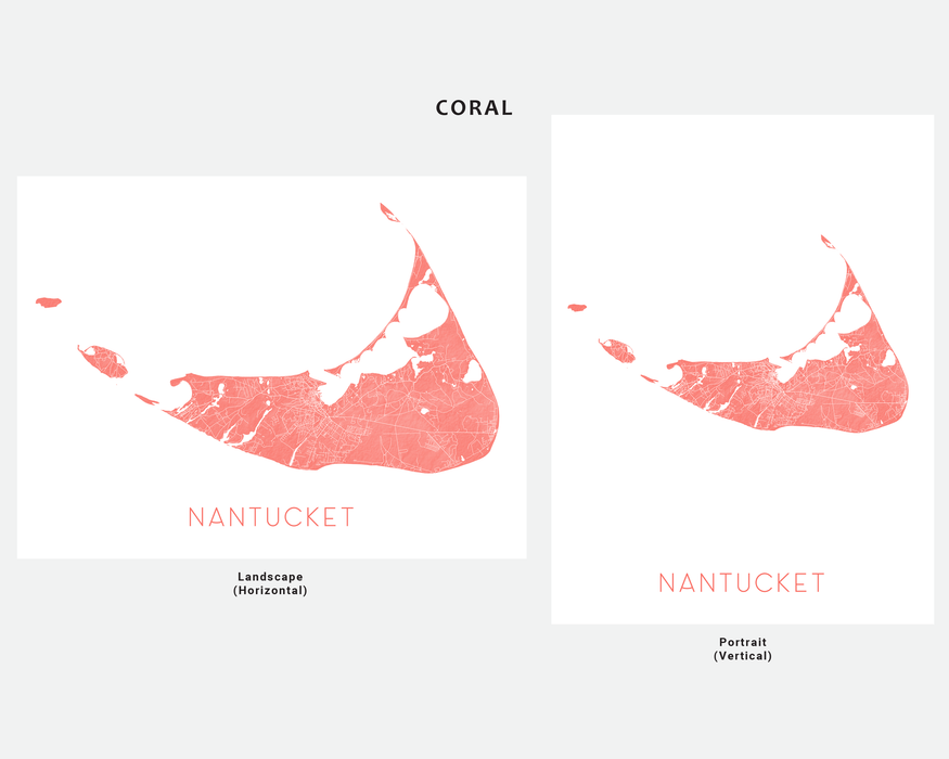 Nantucket map print in Coral by Maps As Art.