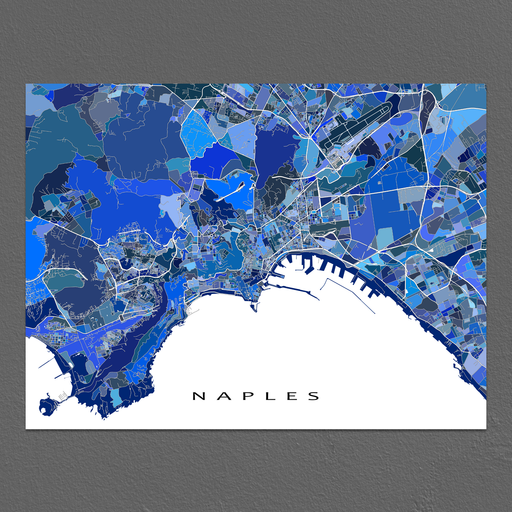 Naples, Italy map art print in blue shapes designed by Maps As Art.