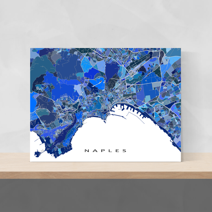 Naples, Italy map art print in blue shapes designed by Maps As Art.