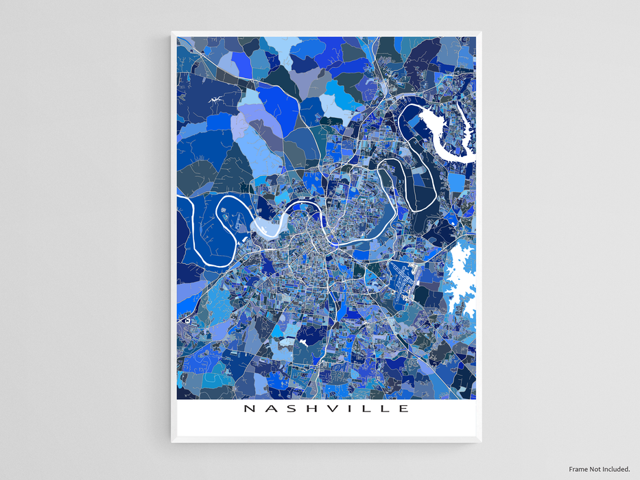 Nashville, Tennessee map art print in blue shapes designed by Maps As Art.