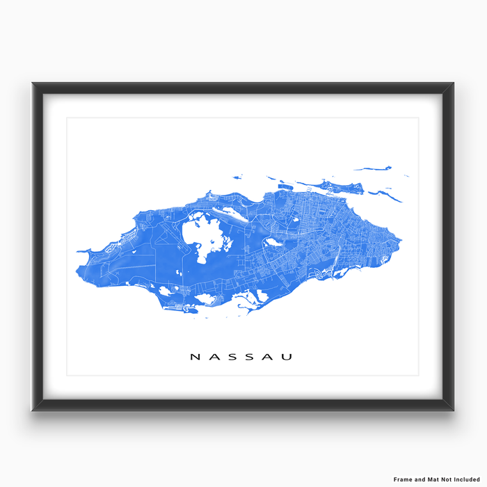 Nassau, The Bahamas map print with natural landscape and main island streets in Blue designed by Maps As Art.