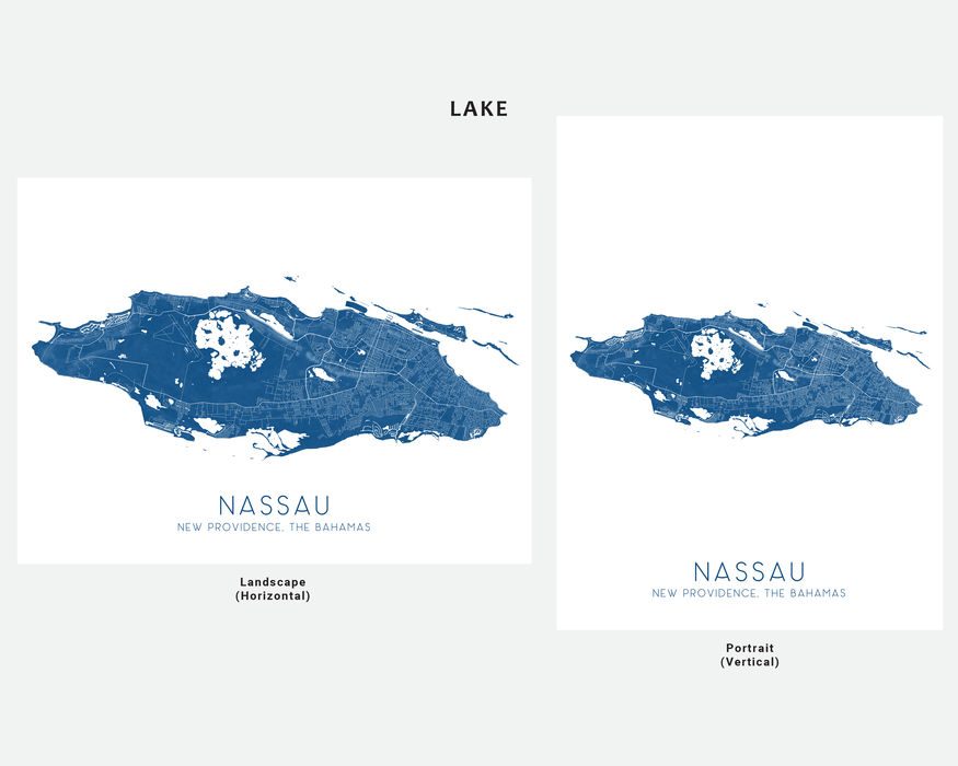 Nassau, New Providence island, The Bahamas map print in Lake by Maps As Art.
