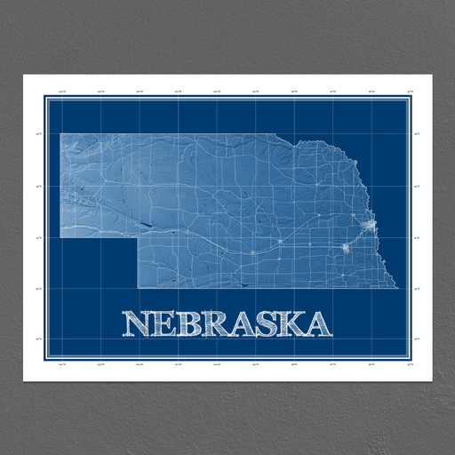 Nebraska state blueprint map art print designed by Maps As Art.
