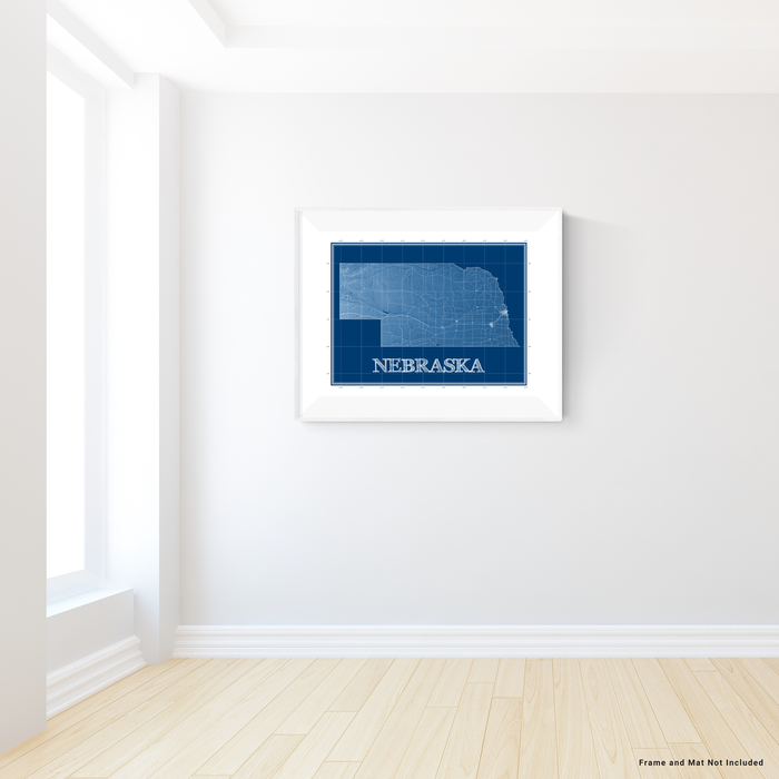 Nebraska state blueprint map art print designed by Maps As Art.