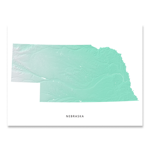 Nebraska state map print with natural landscape in aqua tints designed by Maps As Art.