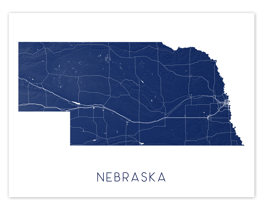 Nebraska state map print with a 3D topographic landscape design by Maps As Art.