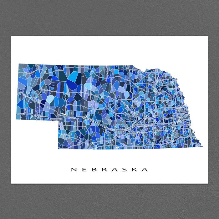 Nebraska state map art print in blue shapes designed by Maps As Art.