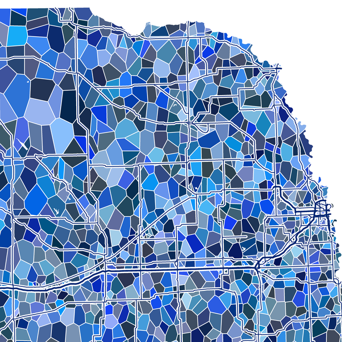 Nebraska state map art print in blue shapes designed by Maps As Art.