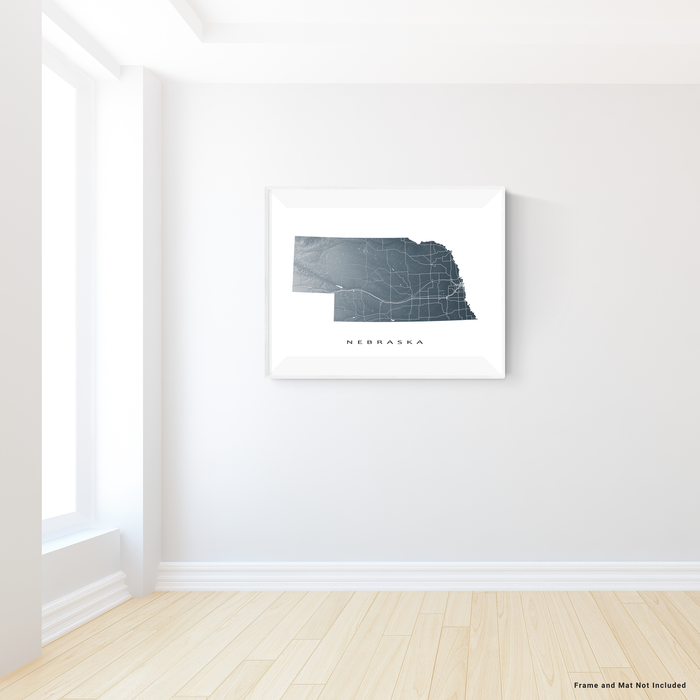 Nebraska state map print with natural landscape and main roads in Slate designed by Maps As Art.