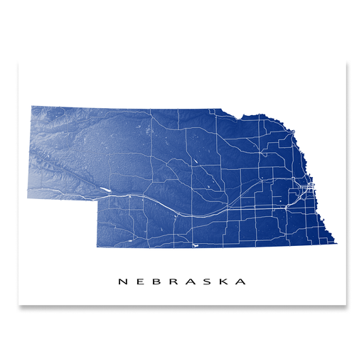 Nebraska state map print with natural landscape and main roads in Navy designed by Maps As Art.
