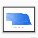 Nebraska state map print with natural landscape and main roads in Blue designed by Maps As Art.