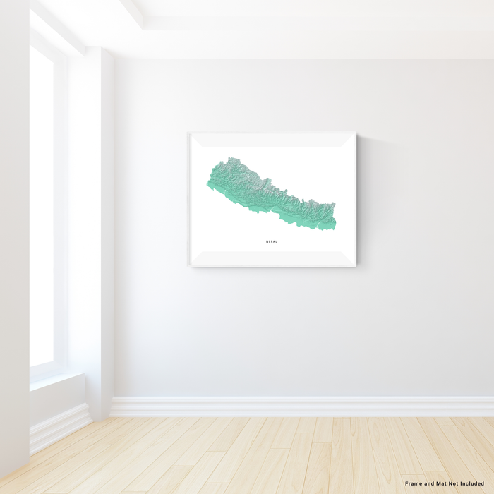 Nepal map print with natural landscape in aqua tints designed by Maps As Art.