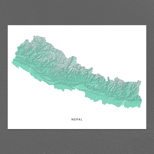 Nepal map print with natural landscape in aqua tints designed by Maps As Art.