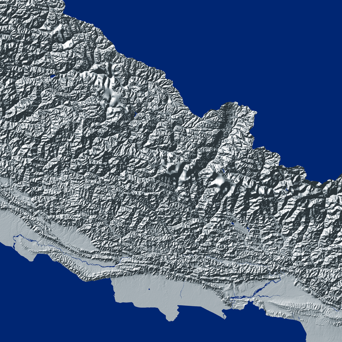 Nepal map print with natural landscape in greyscale and a navy blue background designed by Maps As Art.
