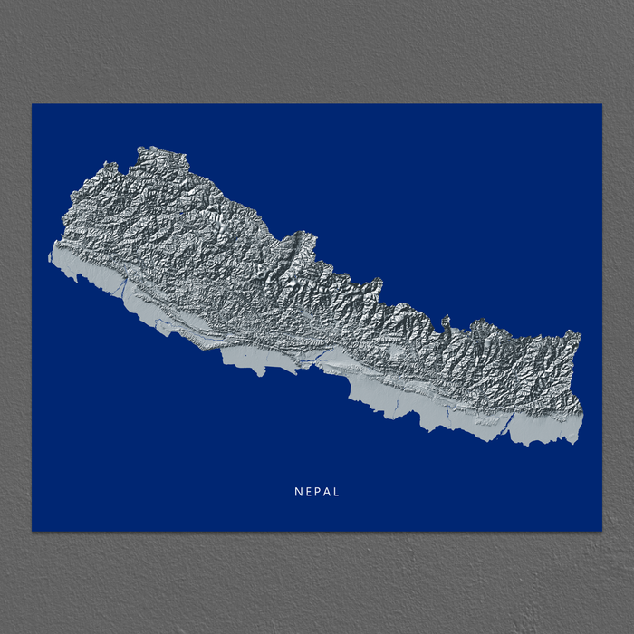 Nepal map print with natural landscape in greyscale and a navy blue background designed by Maps As Art.
