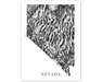 Nevada state map print with a black and white topographic design by Maps As Art.