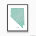 Nevada state map print with natural landscape in aqua tints designed by Maps As Art.
