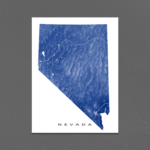 Nevada state map print with natural landscape and main roads in Navy designed by Maps As Art.