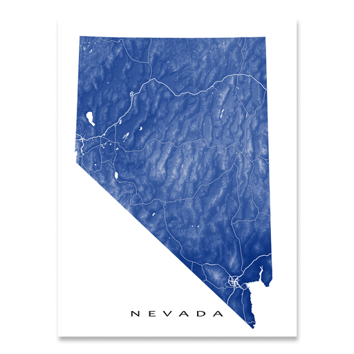 Nevada state map print with natural landscape and main roads in Navy designed by Maps As Art.