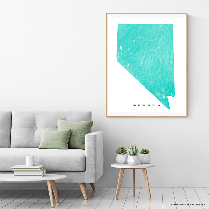 Nevada state map print with natural landscape and main roads in Turquoise designed by Maps As Art.