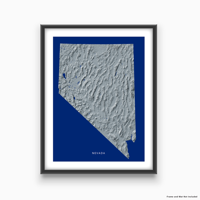 Nevada state map print with natural landscape in greyscale and a navy blue background designed by Maps As Art.