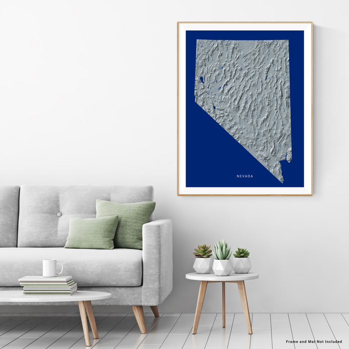 Nevada state map print with natural landscape in greyscale and a navy blue background designed by Maps As Art.