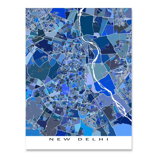 New Delhi, India map art print in blue shapes designed by Maps As Art.