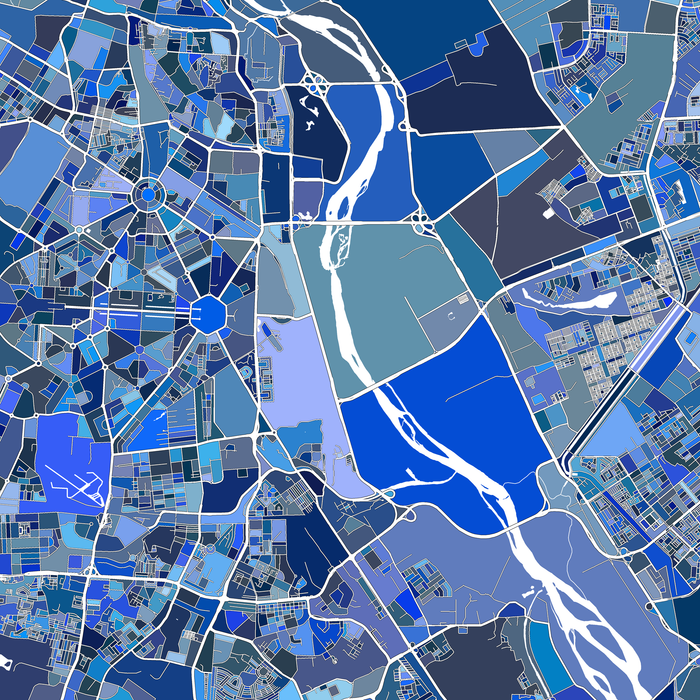New Delhi, India map art print in blue shapes designed by Maps As Art.