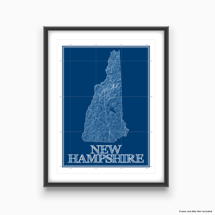 New Hampshire state blueprint map art print designed by Maps As Art.