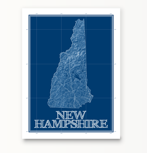 New Hampshire state blueprint map art print designed by Maps As Art.