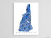 New Hampshire state map art print in blue shapes designed by Maps As Art.