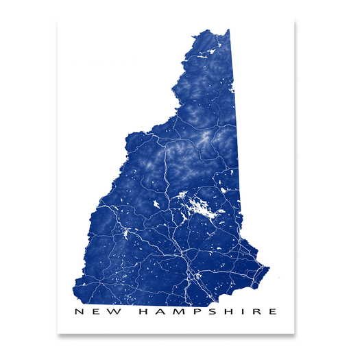 New Hampshire map print with natural landscape and main roads in Navy designed by Maps As Art.