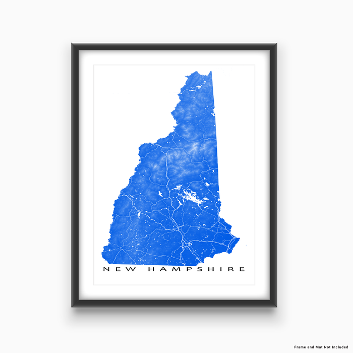 New Hampshire map print with natural landscape and main roads in Blue designed by Maps As Art.