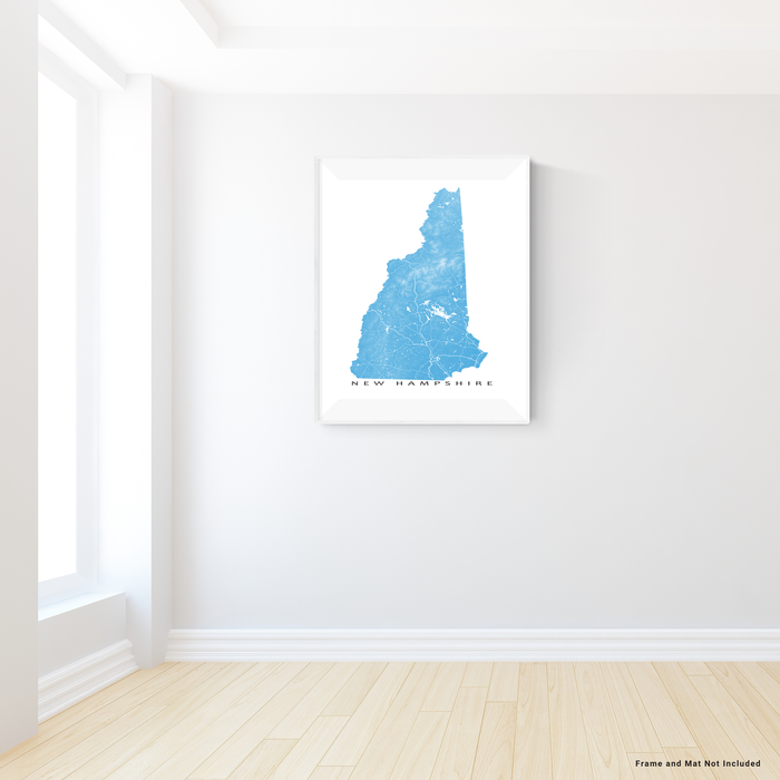 New Hampshire map print with natural landscape and main roads in Malibu designed by Maps As Art.