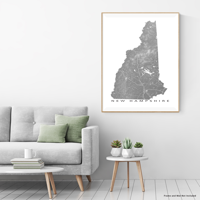 New Hampshire map print with natural landscape and main roads in Grey designed by Maps As Art.