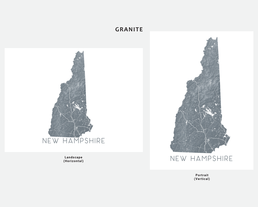 New Hampshire state map print in Granite by Maps As Art.