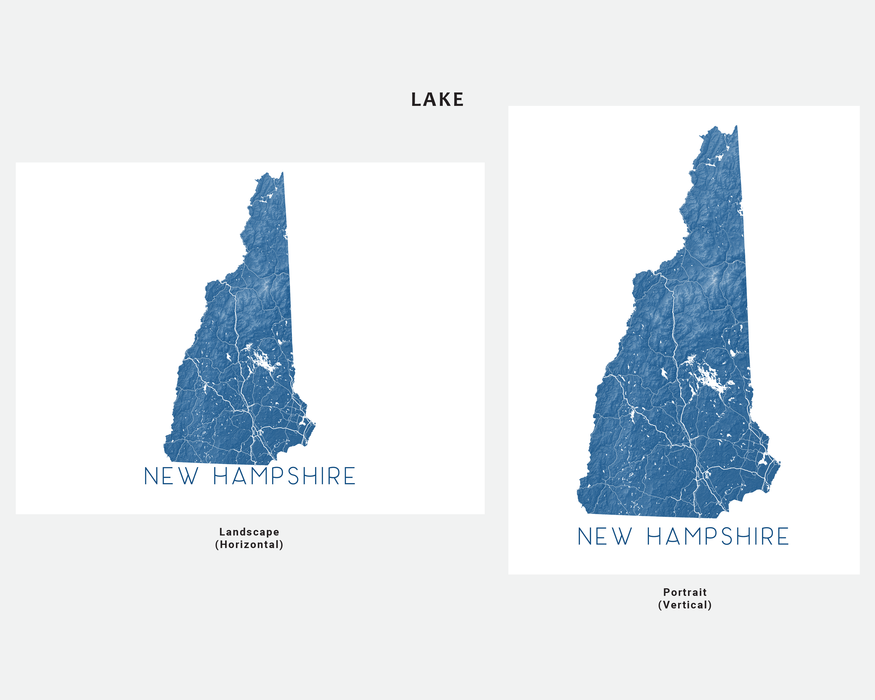 New Hampshire state map print in Lake by Maps As Art.