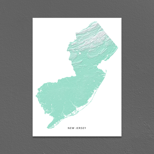 New Jersey state map print with natural landscape in aqua tints designed by Maps As Art.