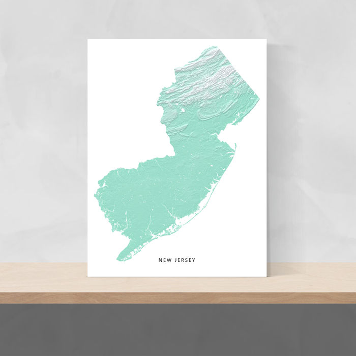 New Jersey state map print with natural landscape in aqua tints designed by Maps As Art.