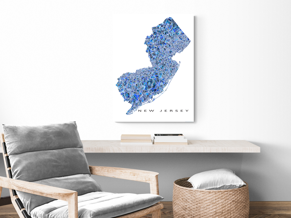 New Jersey state map art print in blue shapes designed by Maps As Art.