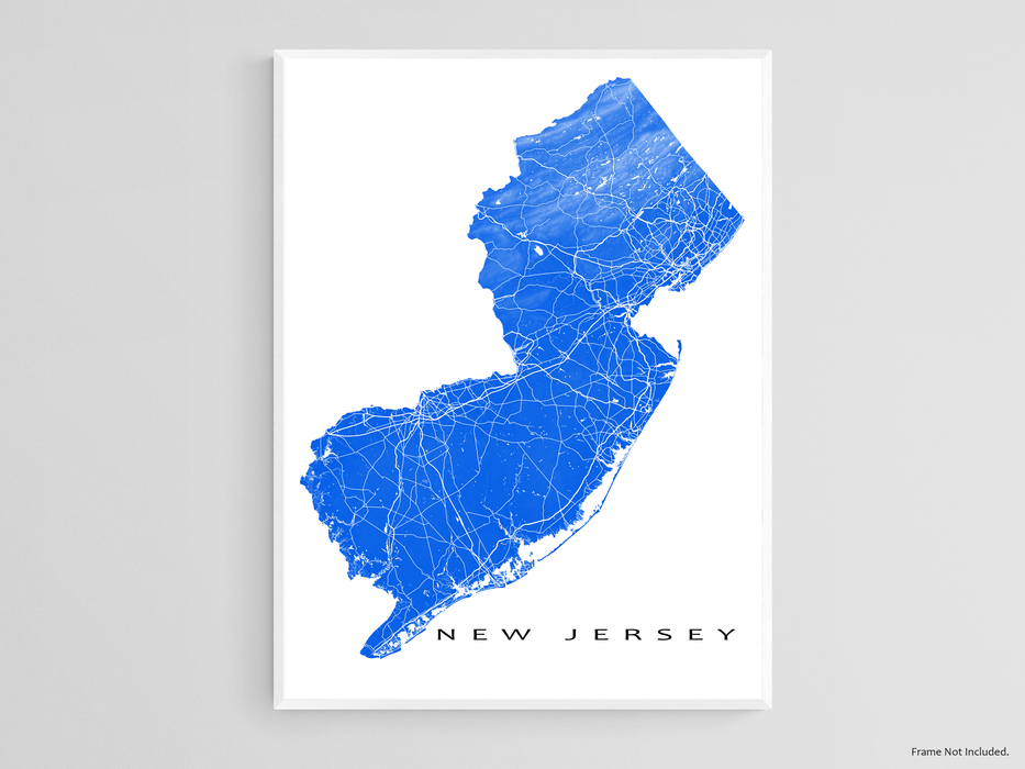 New Jersey state map print with natural landscape and main roads designed by Maps As Art.